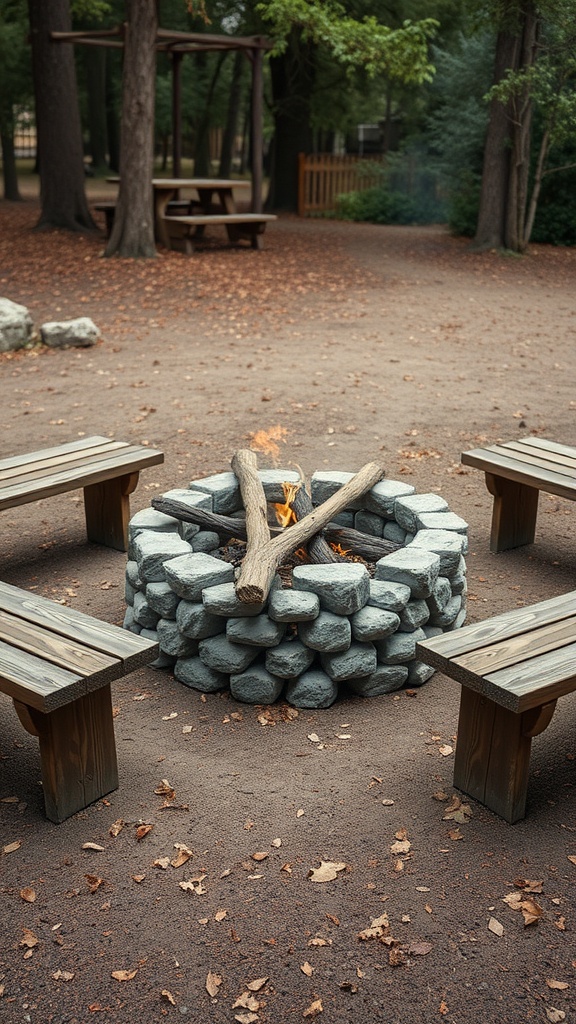 A rustic stone fire pit surrounded by wooden benches in a natural outdoor setting.