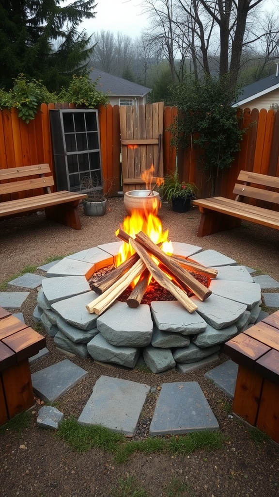 A cozy rustic stone fire pit surrounded by wooden benches in a backyard setting.