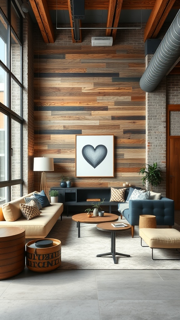 A cozy living room featuring a wooden accent wall, stylish furniture, and decorative plants.