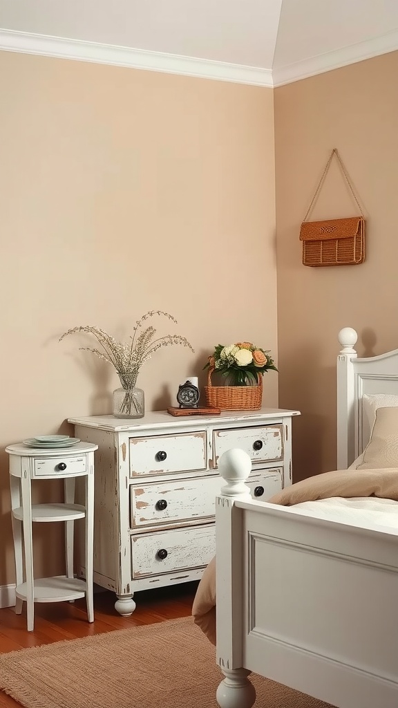 A cozy bedroom featuring rustic whitewashed furniture, beige walls, and decorative elements.