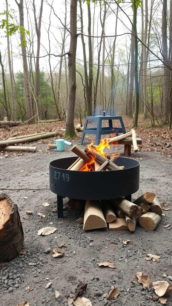 A rustic wood and steel fire pit surrounded by logs in a forest setting.