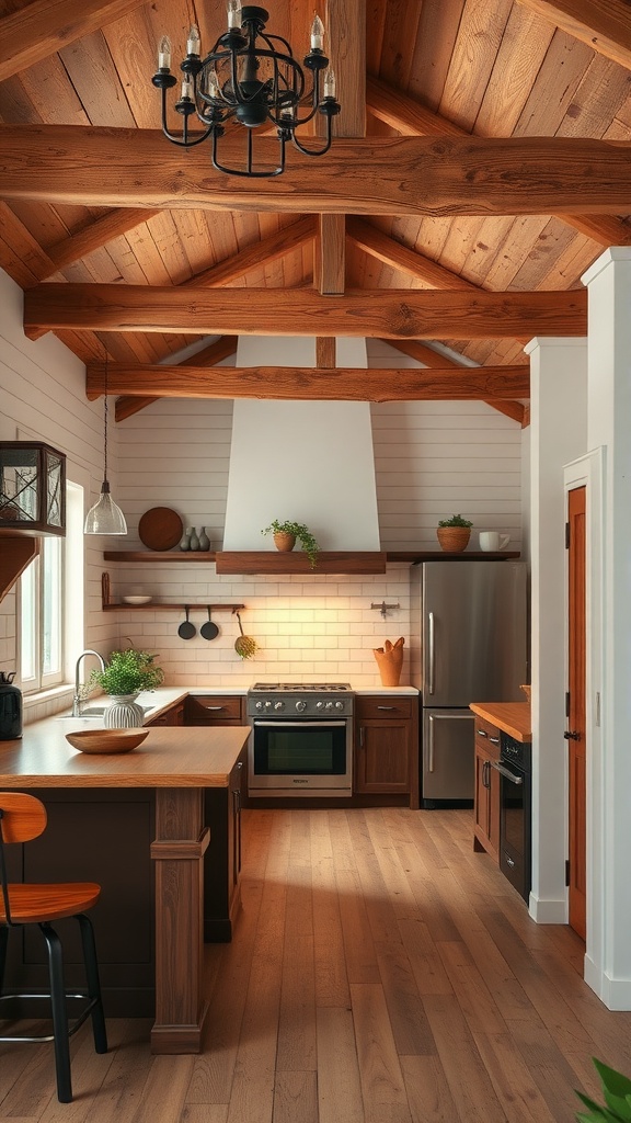 Cozy farmhouse kitchen with rustic wood beams and shiplap walls