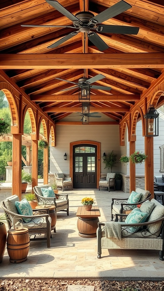 Covered patio with wooden beams, comfortable seating, and potted plants.