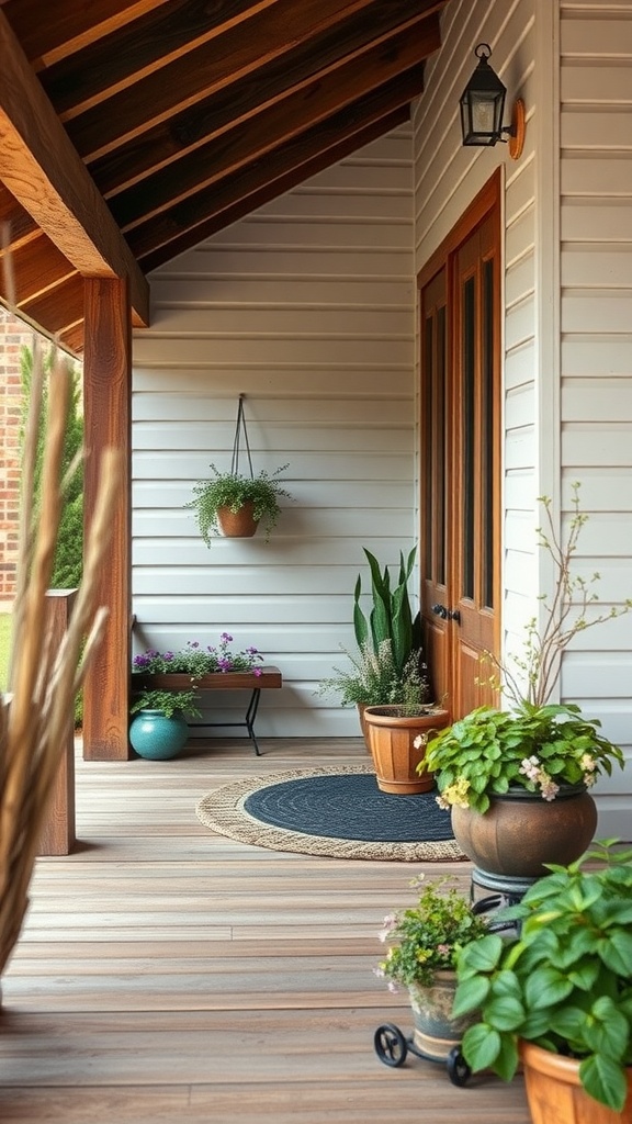 A rustic porch with wooden features, potted plants, and a cozy atmosphere.