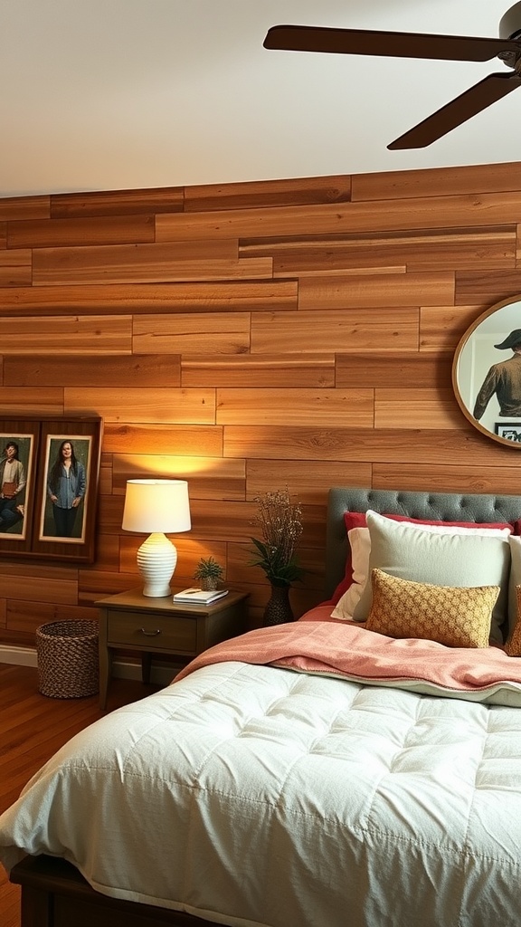 A cozy bedroom featuring rustic wood paneling, a comfortable bed with soft pillows, and warm lighting.