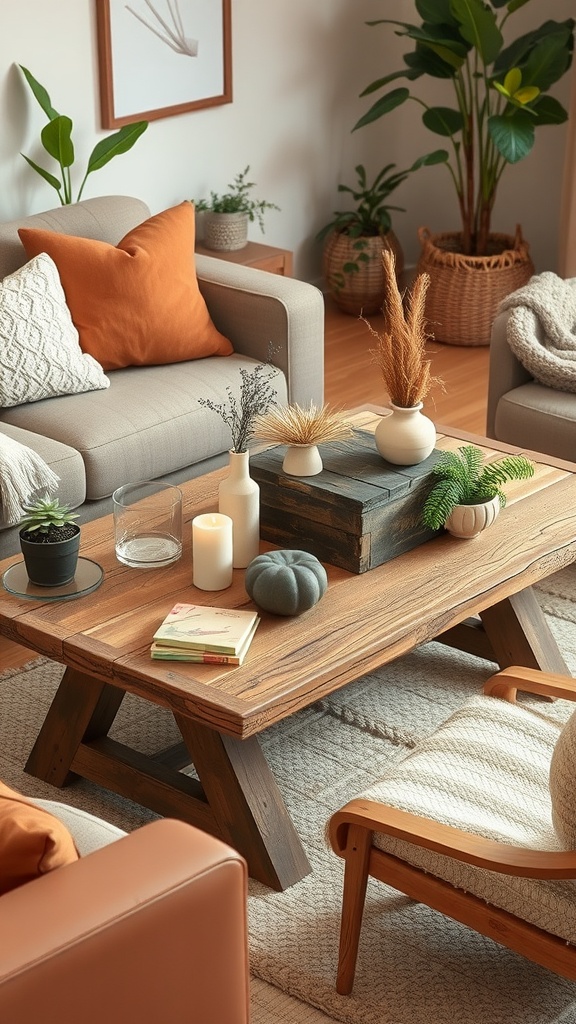 A cozy living room featuring a rustic wooden coffee table, plush pillows, and houseplants.