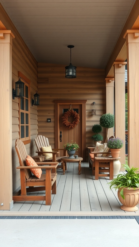 A rustic back porch featuring wooden chairs, potted plants, and a welcoming door.