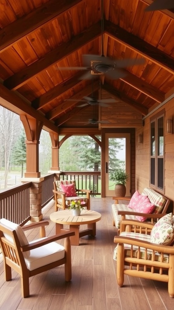 Rustic wooden back porch with chairs and potted plants