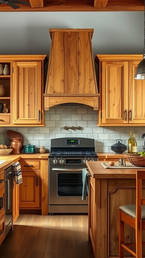 A cozy rustic kitchen with wooden cabinets and warm lighting.