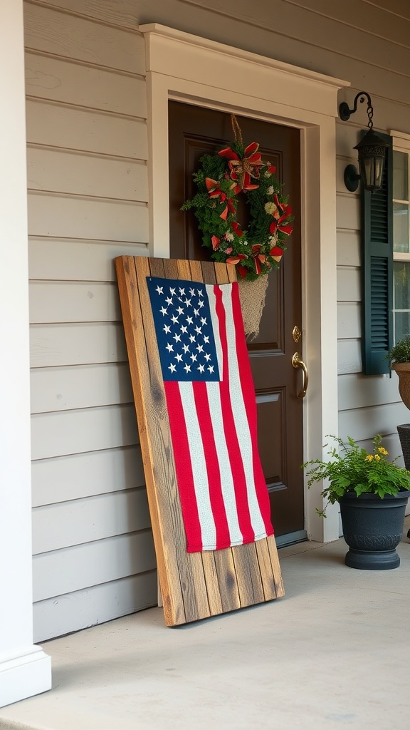 A rustic wooden sign resembling the American flag leaning against a front door, accompanied by a festive wreath and potted plants.