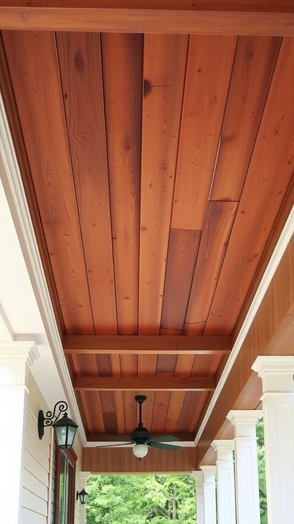A rustic wooden beam ceiling on a front porch, featuring rich wood tones and white trim.
