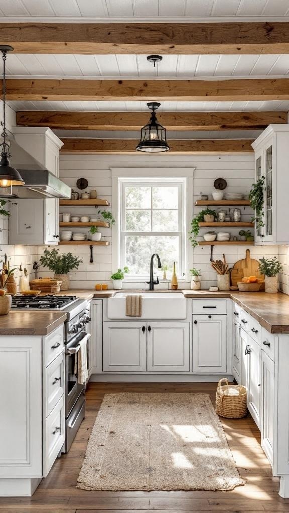 A farmhouse kitchen featuring rustic wooden beams and shiplap walls, with open shelving and a cozy atmosphere.