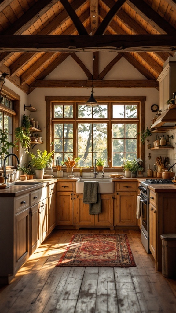 Cozy cabin kitchen with rustic wooden beams and warm tones