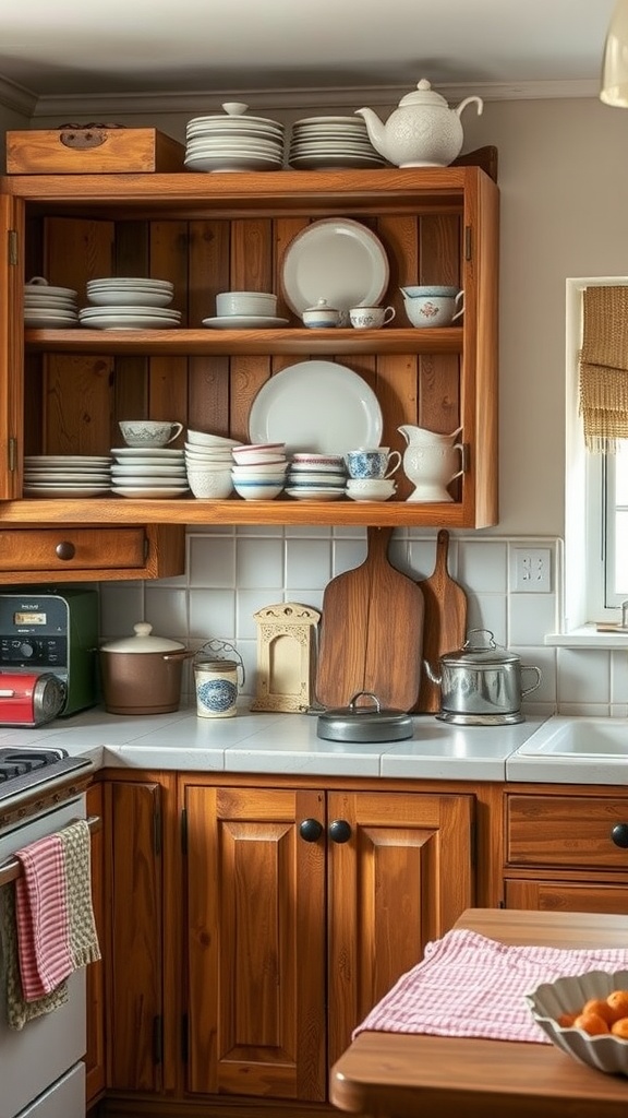 Rustic wooden cabinets filled with dishware in a cozy cottage kitchen