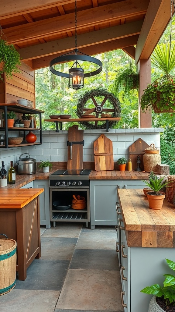 An outdoor kitchen featuring rustic wooden countertops, a lantern light, and greenery.