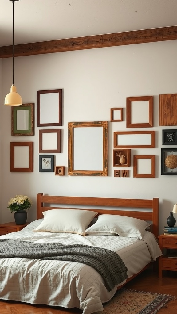 A collection of rustic wooden frames on a bedroom wall.
