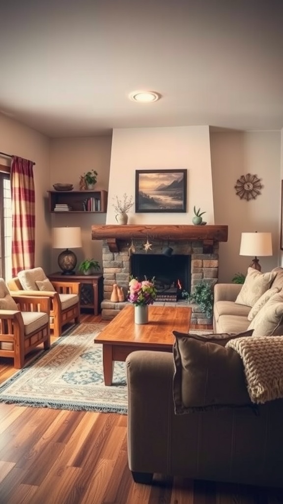 A cozy living room with rustic wooden furniture, a fireplace, and warm decor.