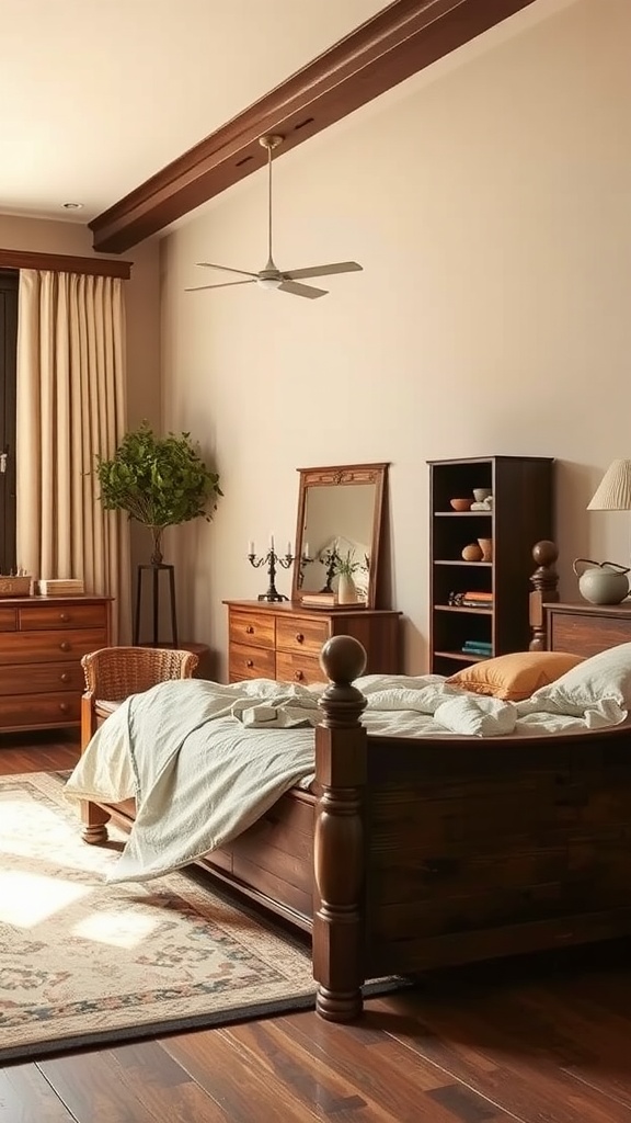 A cozy beige and brown bedroom featuring rustic wooden furniture accents.
