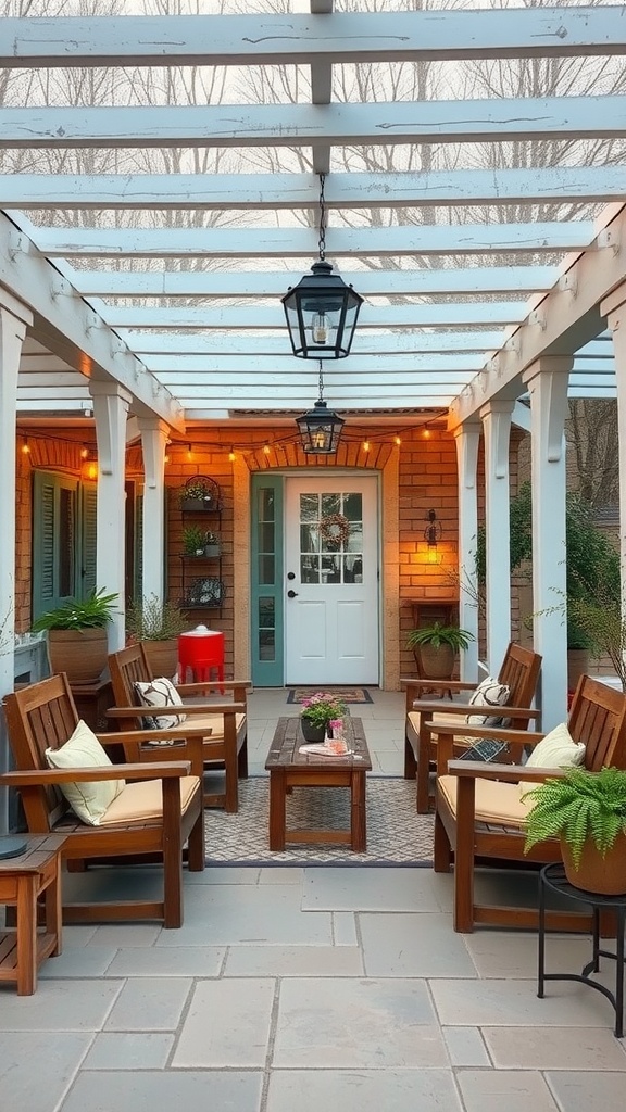 A rustic outdoor covered patio with wooden furniture, including chairs and a coffee table, surrounded by plants.