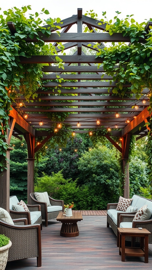 A rustic wooden pergola with lush green vines and cozy seating arrangements.
