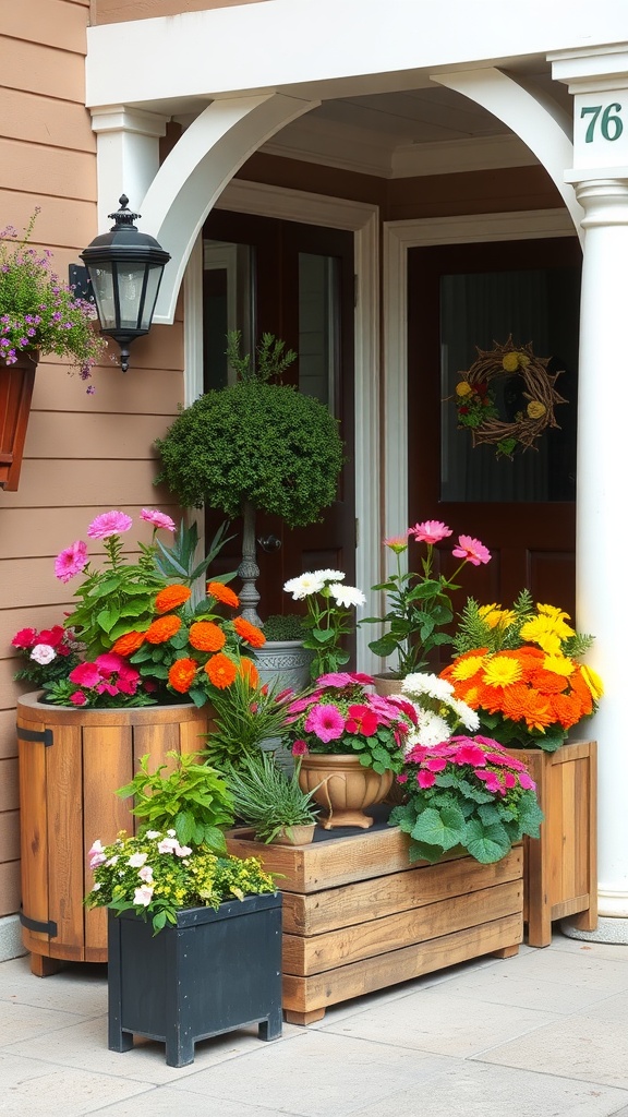 A front patio decorated with rustic wooden planters filled with colorful flowers.