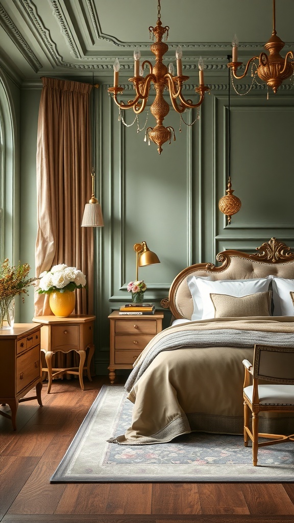 A beautifully decorated bedroom featuring sage green walls and gold accents, showcasing elegant furniture and soft textiles.
