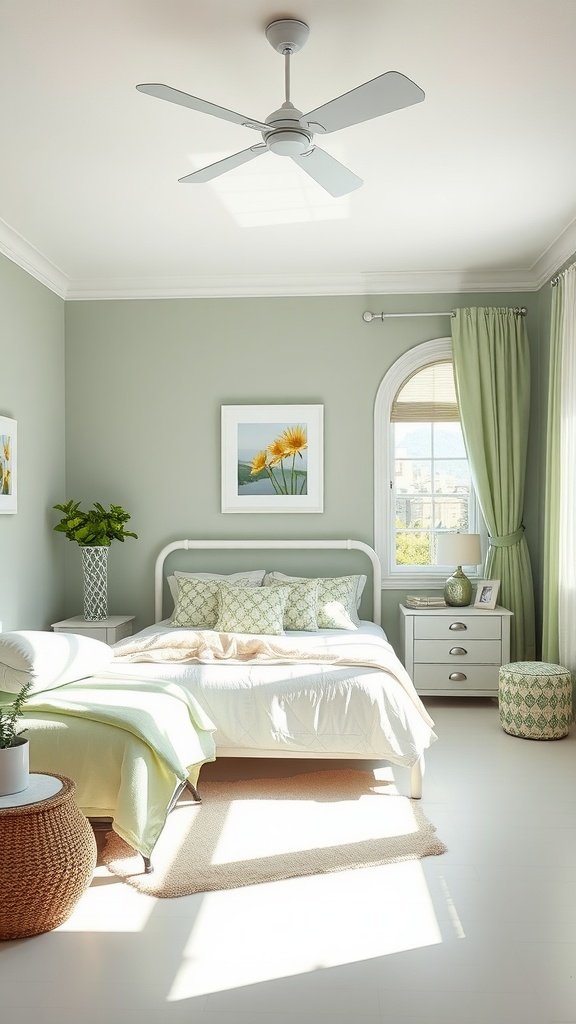 A bright bedroom featuring sage green walls, white bedding, and natural light.