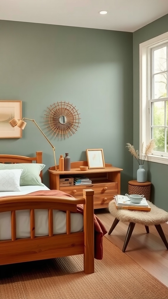 A cozy bedroom featuring sage green walls and wooden furniture, creating a warm and inviting atmosphere.