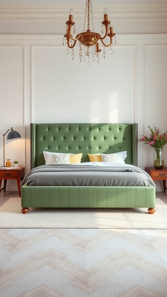 A stylish sage green bed frame with a tufted headboard, paired with wooden side tables and neutral bedding.