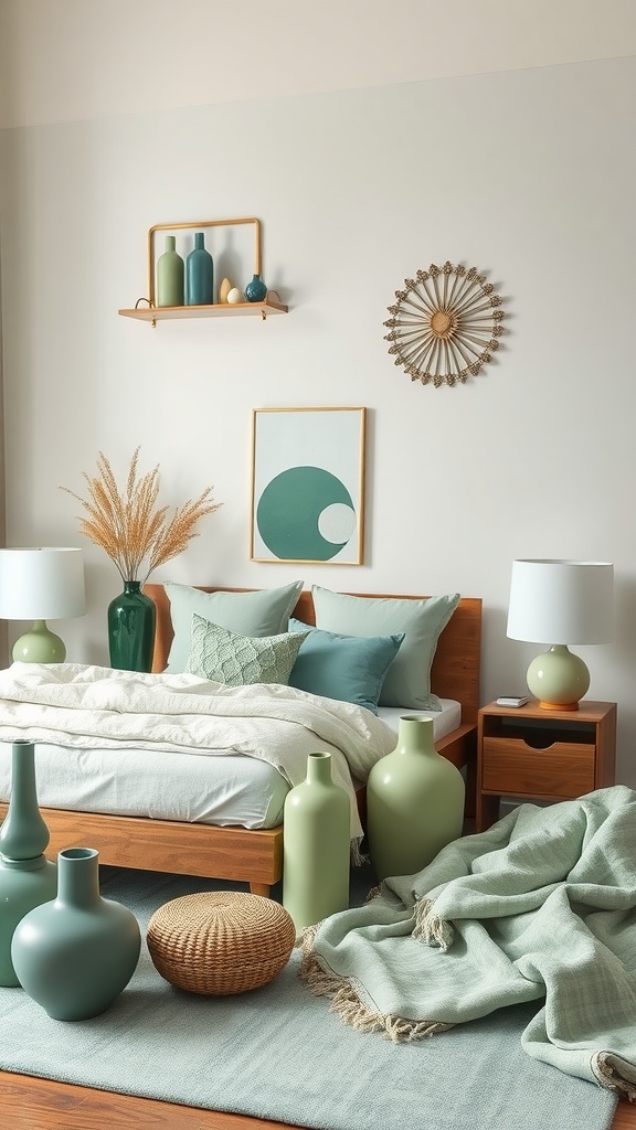 A cozy sage green bedroom featuring various accessories like pillows, vases, and wall art.