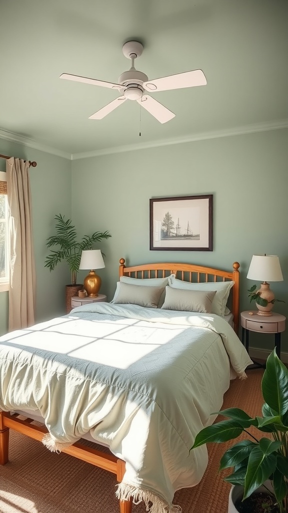 A cozy bedroom featuring a sage green ceiling, light walls, and wooden furniture.