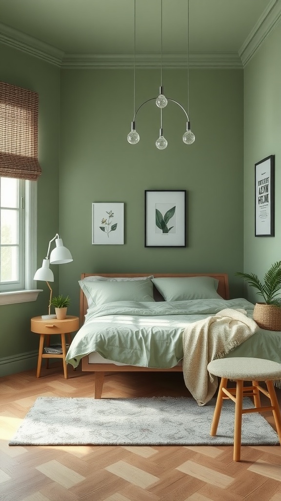 A small bedroom featuring sage green walls, light green bedding, and natural decor elements.