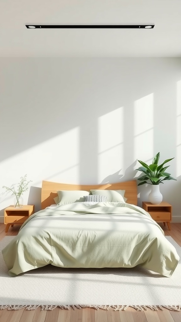 A modern minimalist bedroom featuring sage green bedding, wooden furniture, and a potted plant.
