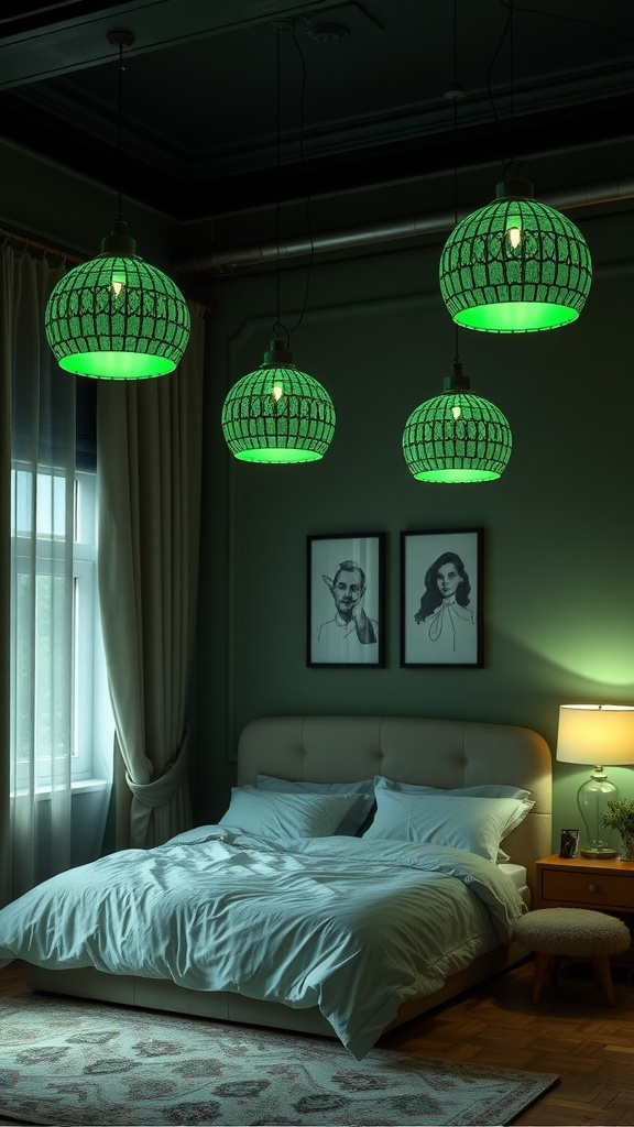 A sage green bedroom with unique hanging light fixtures and neutral bedding.
