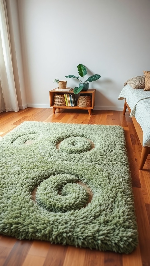 A cozy sage green rug with a swirl pattern in a bright bedroom setting.