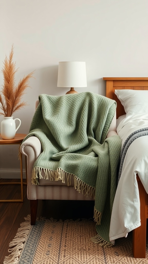 A sage green throw blanket draped over a chair in a cozy bedroom setting.