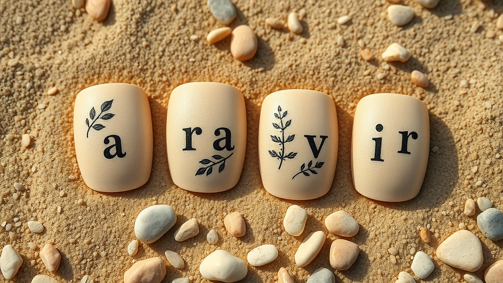 Sandy beige nails with leaf stencils on a sandy background