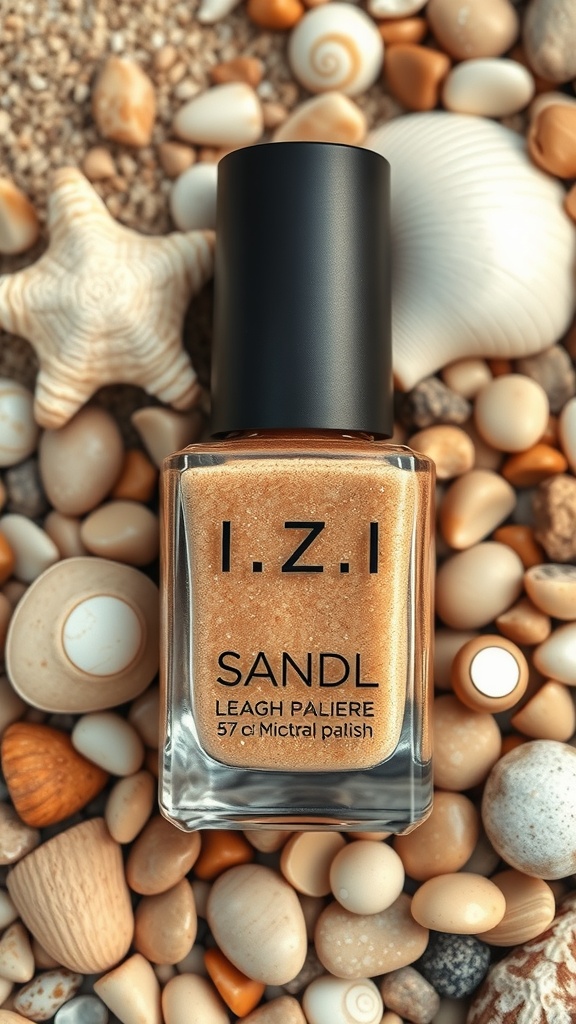 A hand with sandy brown fingernail polish resting on a sandy surface with various pebbles.