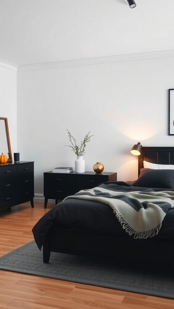A Scandinavian inspired bedroom featuring black furniture, a cozy blanket, and warm wooden flooring.