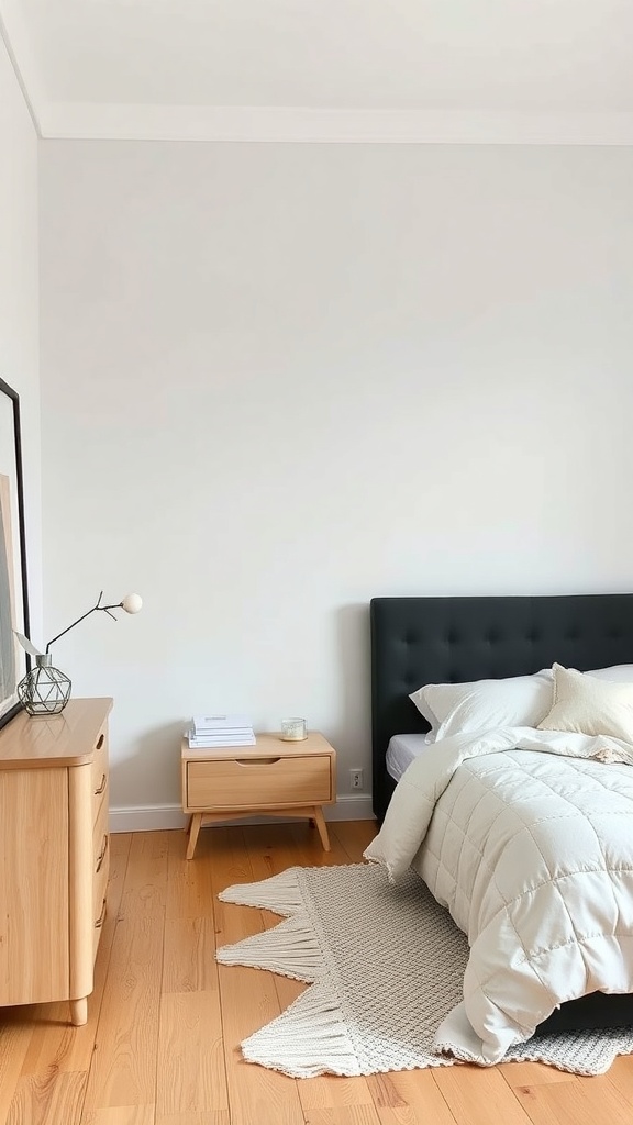 A Scandinavian-inspired bedroom featuring a black headboard, light walls, and wooden furniture.