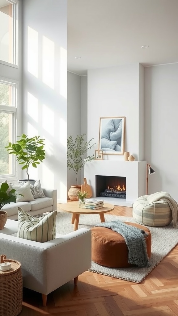 A bright Scandinavian style living room with large windows, a cozy sofa, and a warm wooden floor.