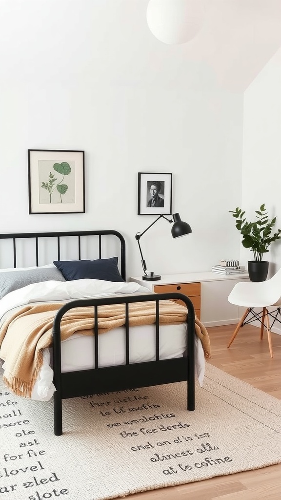 A Scandinavian style bedroom featuring a black bedframe, simple bedding, and minimal decor.