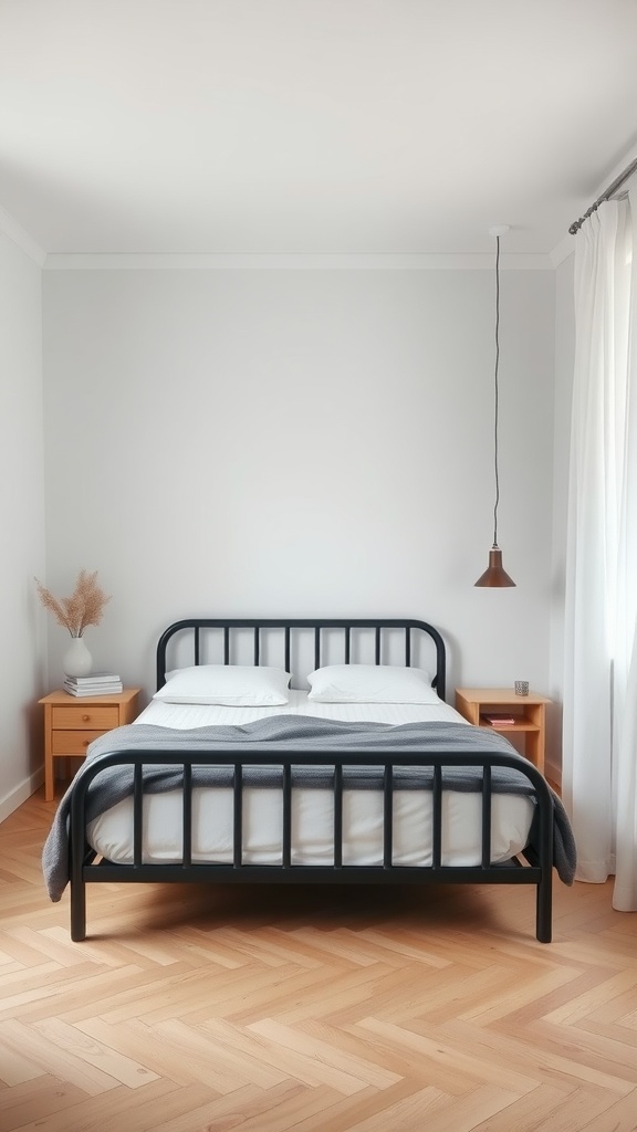 A minimalist Scandinavian bedroom featuring a black bed frame, wooden nightstands, and light-colored textiles.