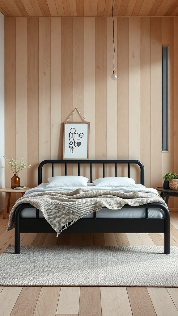 A cozy bedroom featuring a black bed frame, light wood paneling, white bedding, and minimal decor.