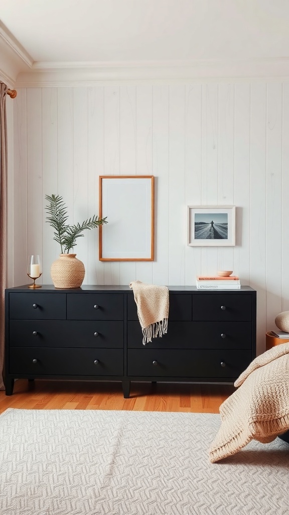 A stylish black dresser in a Scandinavian-inspired bedroom with light wooden floor and natural decor.