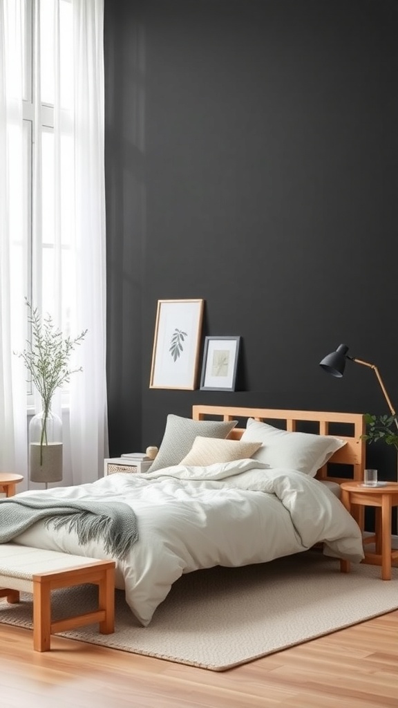 A cozy Scandinavian-style bedroom with black walls, light wood furniture, and natural light.