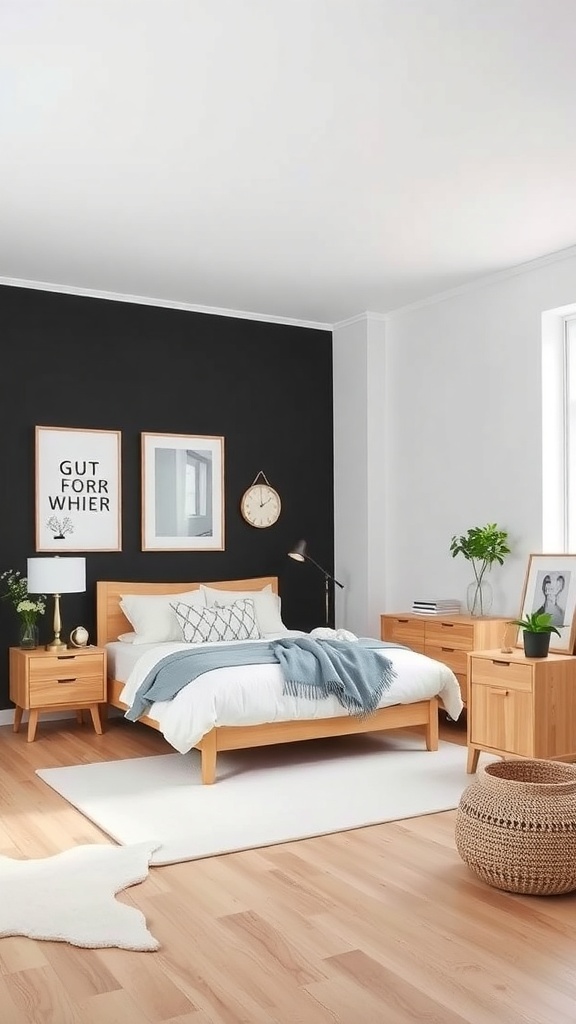 Scandinavian bedroom featuring a black accent wall, light wood furniture, and soft textiles.