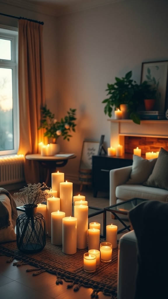 A cozy living room filled with various lit candles, creating a warm and inviting atmosphere.