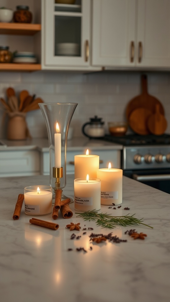 A cozy kitchen setup featuring scented candles, cinnamon sticks, and aromatic herbs on a marble countertop.