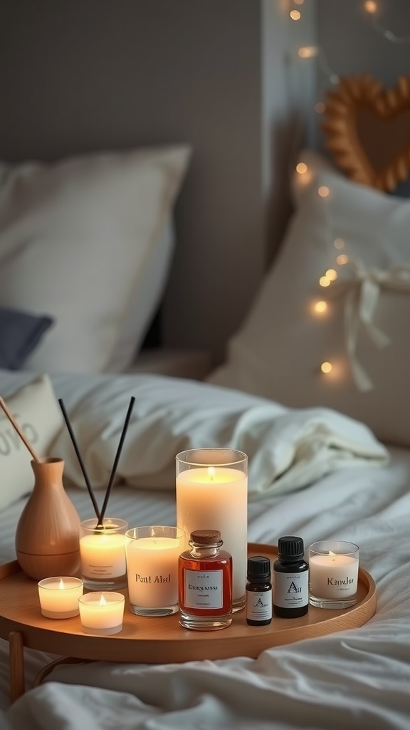 A cozy bedroom setup featuring scented candles and essential oils on a wooden tray.